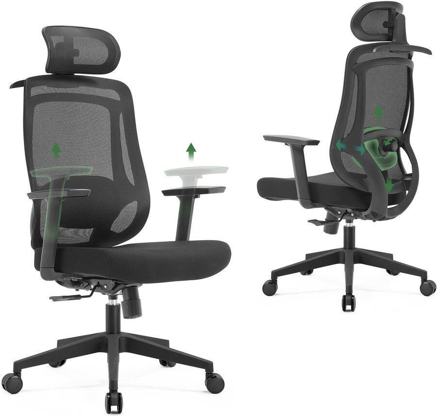 Caliyo Ergonomische Bureaustoel – Mesh Rugleuning Verstelbare Hoofdsteun & Lendensteun – Kantelbaar 90°-135° – Comfortabele Armleuningen – Zwart