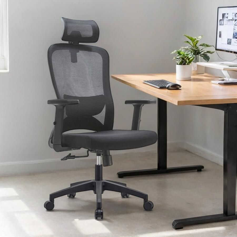 Caliyo Ergonomische Bureaustoel Office Chair NEN- en SGS-gecertificeerd Volwassenen Hoofdsteun – Lendensteun & Armleuningen – Zwart