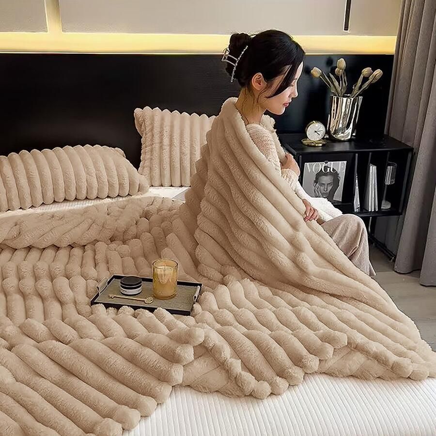 Caliyo Fleece deken 200 x 230 cm Superzacht Plaid voor Bank Bed of Woonkamer Decoratie Dekens Plaids Dekentje Geribbeld Camel