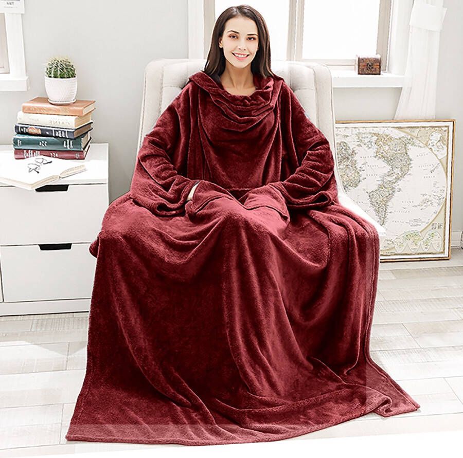 Caliyo Fleece Deken Flanellen Deken Blanket met Mouwen en Capuchon – Dames & Heren Sherpa Fleece – TV Deken Bank Deken 170x200 cm Bordeauxrood