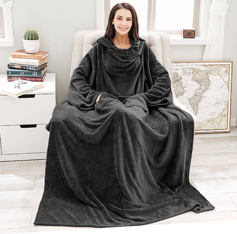 Caliyo Fleece Deken Flanellen Deken Blanket met Mouwen en Capuchon – Dames & Heren Sherpa Fleece – TV Deken Bank Deken 170x200 cm Zwart