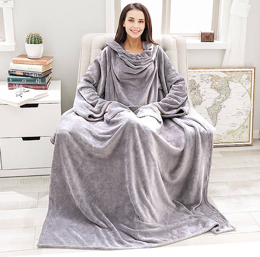 Caliyo Fleece Deken Flanellen Deken Blanket met Mouwen en Capuchon – Dames & Heren Sherpa Fleece – TV Deken Bank Deken 170x200 cm Lichtgrijs