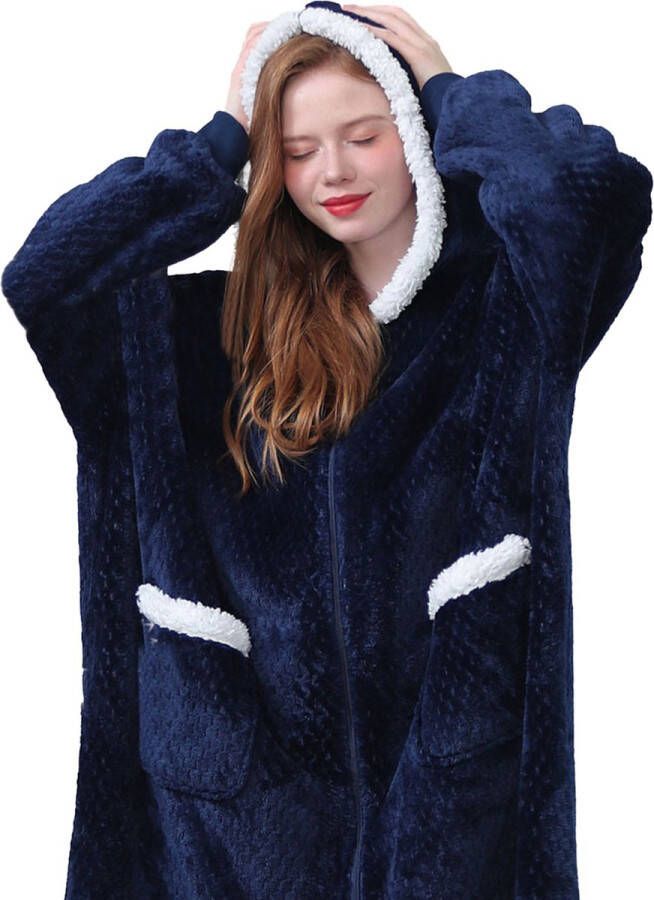 Caliyo Hoodie Deken Blanket met Mouwen en Capuchon – Fleece Deken Blanket met Mouwen en Capuchon – Dames & Heren Sherpa Fleece – TV Deken Bank Deken Donkerblauw