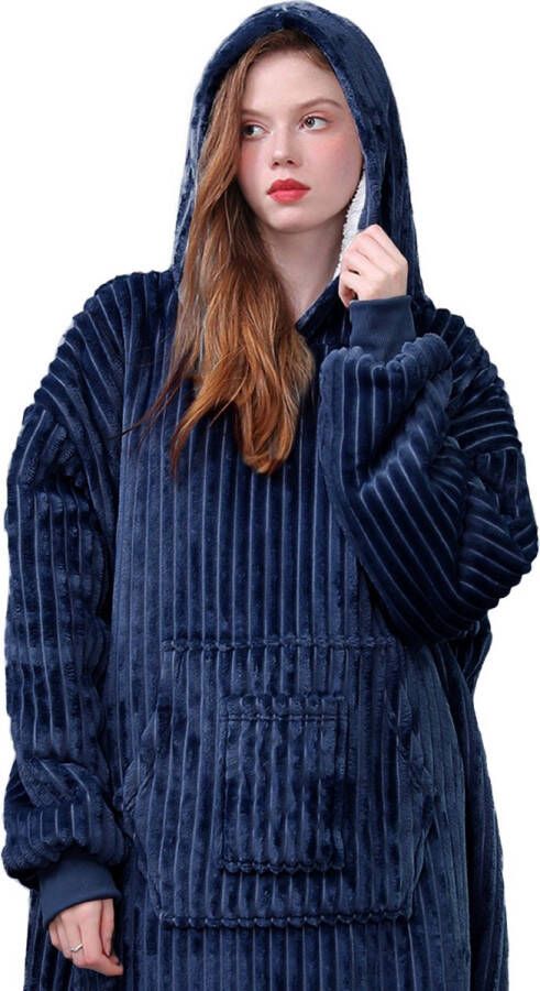 Caliyo Hoodie Deken Blanket met Mouwen en Capuchon – Fleece Deken Blanket met Mouwen en Capuchon – Dames & Heren – Corduroy TV Deken Bank Deken Donkerblauw