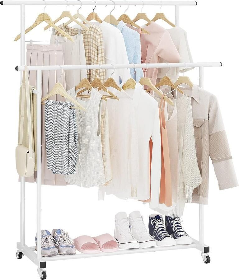 Calmootey Kledingrek met dubbele stang rollend hangend Metaal Draagbaar lichtgewicht 45D x 101B x 121H centimeter Laadvermogen 3 9 kg Wit
