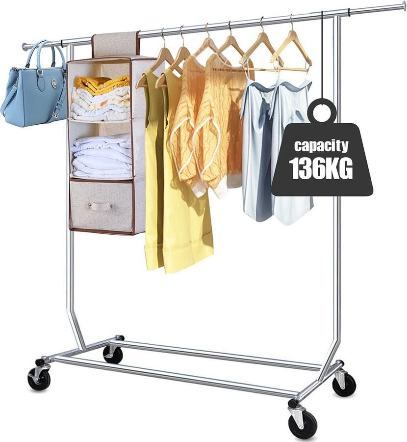 Camabel kledingstandaard met wieltjes metaal kledinghanger voor schoenen opbergrek garderobestandaard verstelbare roestvrij stalen wielen zware belasting verchroomd stabiel kledingstang uittrekbaar lengte 130-189cm