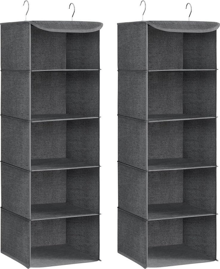 Candala Hangende organiser set van 2 kast organiser hangende plank hangende opslag opvouwbaar en ruimtebesparend metalen haken en bamboe inzetstukken linnen-achtige textuur grijs