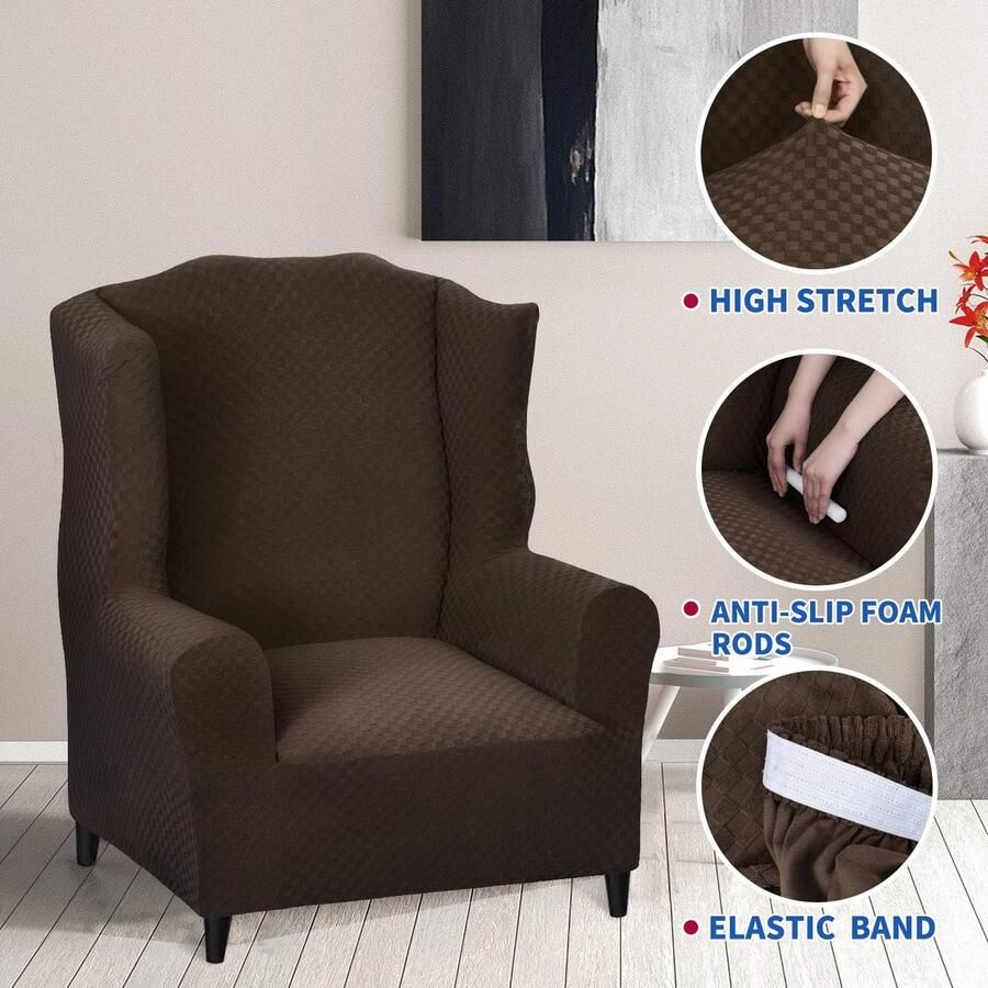 Candala Nieuwste Wingback Stoelhoezen 1-delige Stretch Wing Stoelhoezen Zachte Dikke Wingback Fauteuil Hoes Antislip High Chair Furniture Protector Cover (Vleugelstoel donkere koffie)