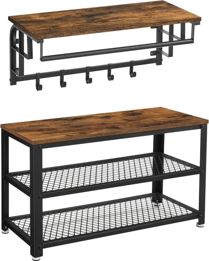 Candala Schoenenbank wandgarderobe schoenenrek met zitvlak en 2 planken wandrek met kledingstang en 5 afneembare haken voor hal slaapkamer woonkamer vintage bruin-zwart