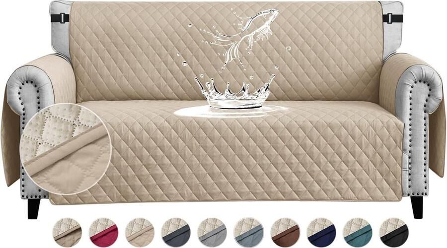 Candala Waterproof Sofa Cover 2 Seater Thick Sofa Protector Waterproof Reversible Quilted Sofa Cover with Side Pockets Sofa Throw Non-Slip Scratch-Resistant for Pets Dogs Cats Beige