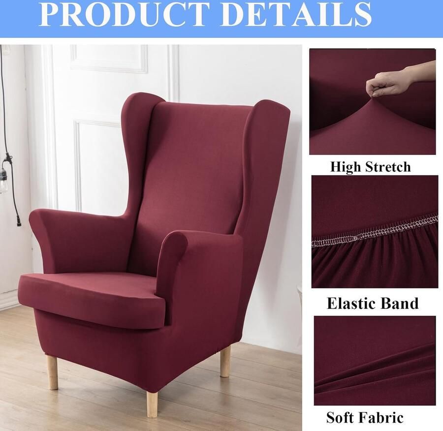 Candala Wingback Stoelhoezen 2-Delige Set Stretch Spandex Slipcovers met Elastische Bodem Antislip Meubelbeschermer voor Woonkamer Slaapkamer (Past op Stoelen 31-36)