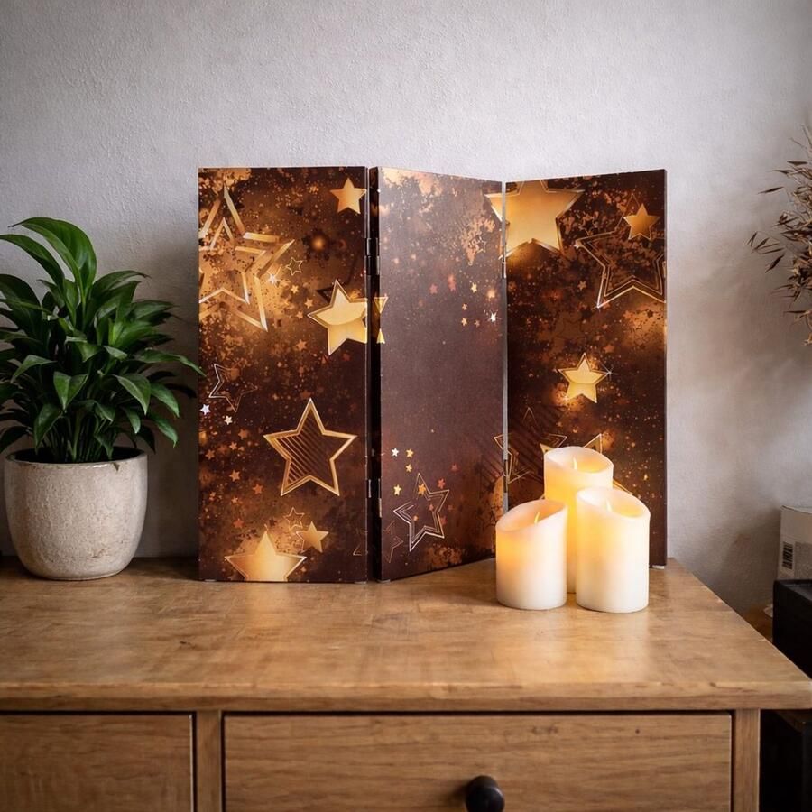 Canvasscherm Kamerscherm Klein Gouden Sterren – Decoratief Raamscherm – 3 Panelen – 50x60 cm – Dubbelzijdig - Foto 2
