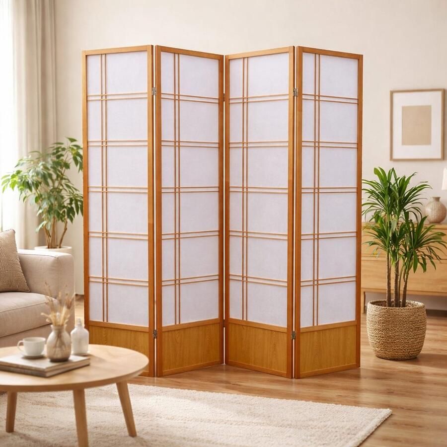 Canvasscherm Japans Kamerscherm – 4 Panelen – Naturel Hout – Shoji – 176 x 180 cm – Roomdivider – Privacy Scherm - Foto 2