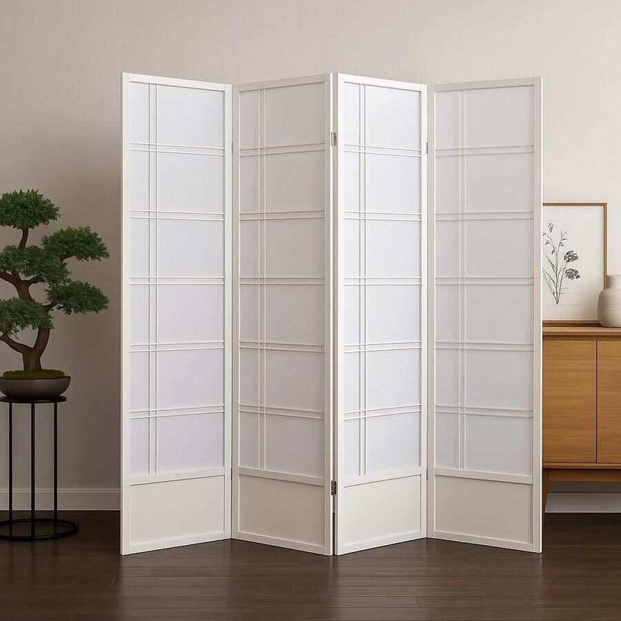 Canvasscherm Japans Kamerscherm Wit – 4 Panelen – Shoji – 176x180 cm – Hout - Foto 2