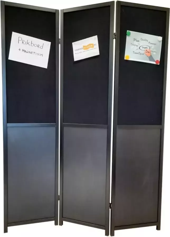 Canvasscherm Kamerscherm Salvo Zwart 3 panelen Hout MDF en Prikbord Scheidingswand 180x132cm Paravent kant en klaar
