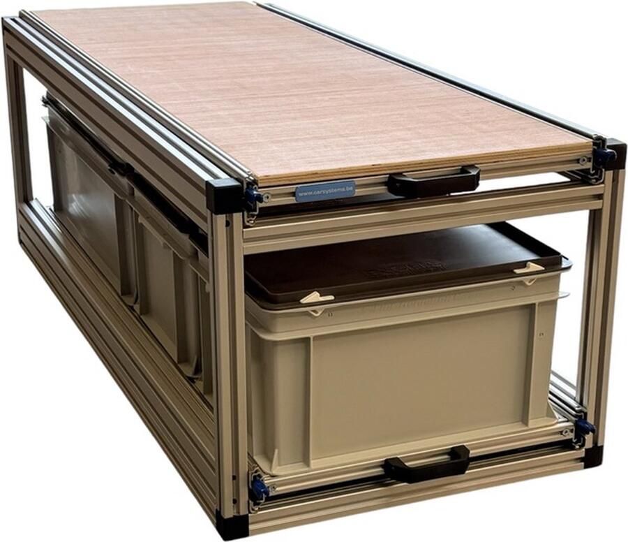 Car systems Dubbel schuifframe voor camper 120x40 cm met gesloten bakken en houten topplaat belastbaar 130 kg