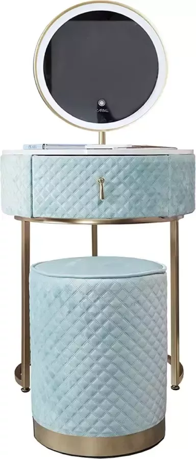 CARME Luxe Kaptafel Ibiza Bohemia Kaptafel met LED Spiegel Hollywood Spiegel Baby Blauw Goud Met Kruk Opbergladen Kaptafel Voor Vrouwen 64 x 15 x 128 cm