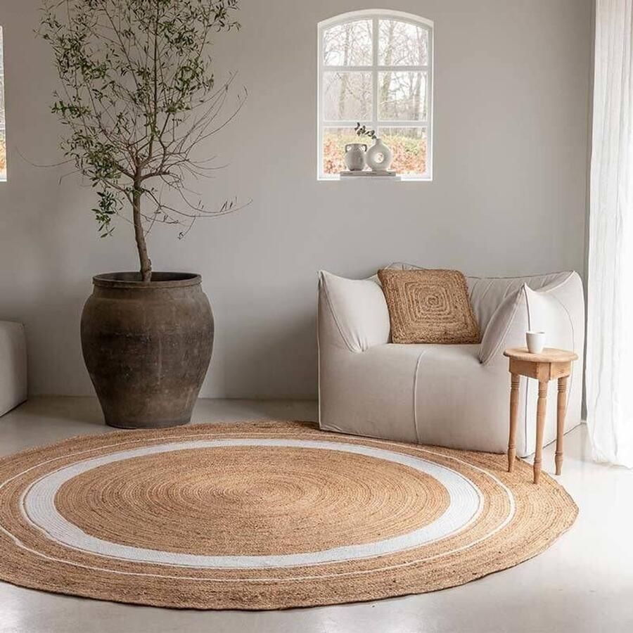 Carpet Studio Jute Vloerkleed Rond Ø130 cm Tapijt Woonkamer en Slaapkamer Gevlochten Kleed Jute Wit