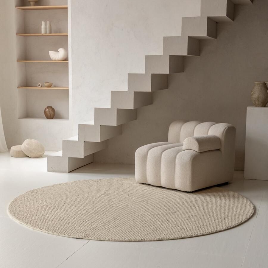 Carpet Studio Mollie Wool Vloerkleed Rond Ø160 cm Laagpolig Tapijt Woonkamer en Slaapkamer Kleed Zand
