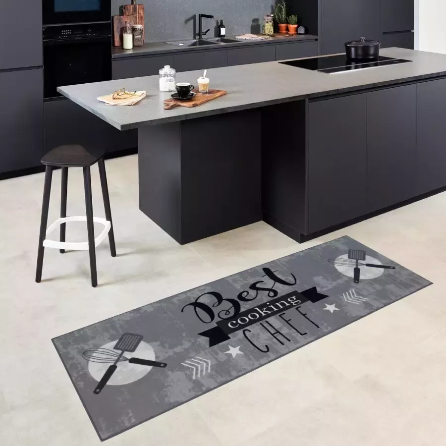 Carpet Studio Keukenloper 65x180cm Best Chef Tapijt met Antislip Achterkant Grijs