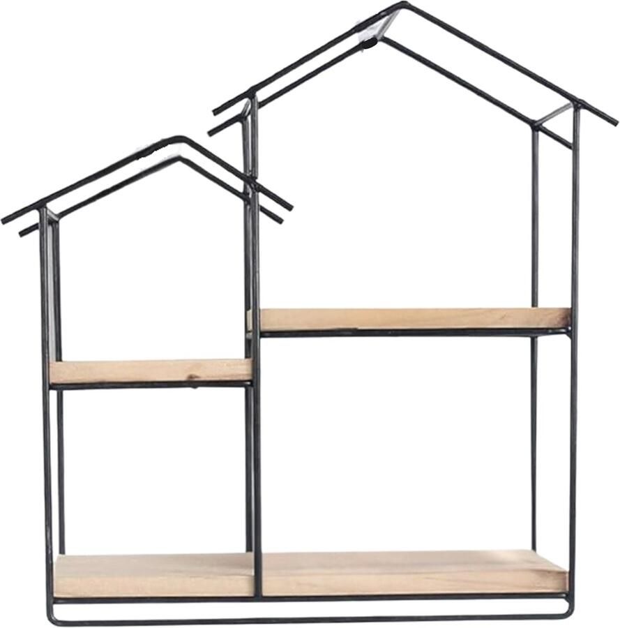 Caryota Wandrek 2 Huisjes Wanddecoratie 3 Houtenplankjes Zwart 28 x 24 x 12 cm Metaal