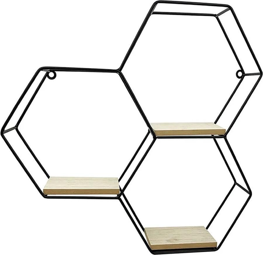 Caryota Wandrek Driedubbel Zeshoekig Wanddecoratie 3x Houtenplankjes Zwart 41 x 41 x 11 cm Metaal