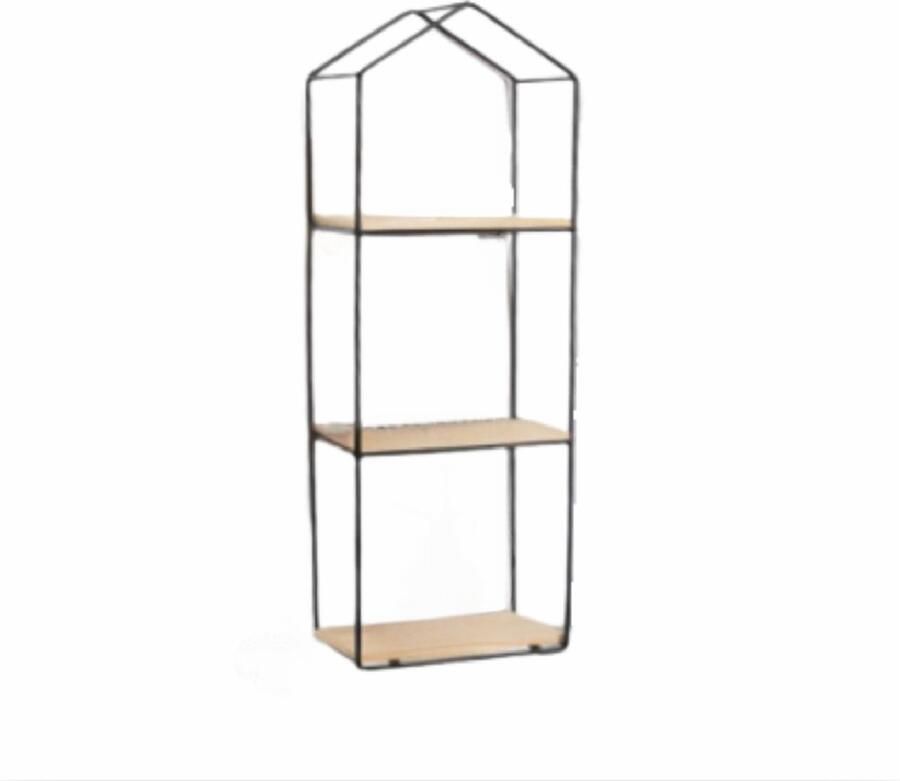 Caryota Wandrek Rechthoekig met Dakje Wanddecoratie 3 Lagen Zwart Metaal 12 x 20 x 59.5 cm