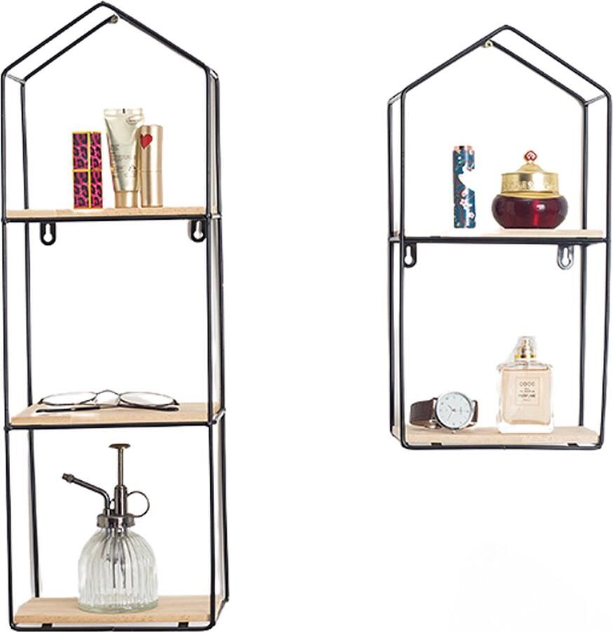 Caryota Wandrek Set van 2 Rechthoekig met Dakje 1x 2 Lagen 1x 3 Lagen Zwart Metaal