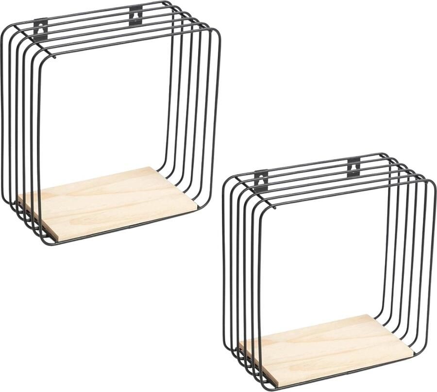 Caryota Wandrek Set van 2x Vierkant Klein 1 Laag Houtenplankjes Zwart Metaal Wanddecoratie