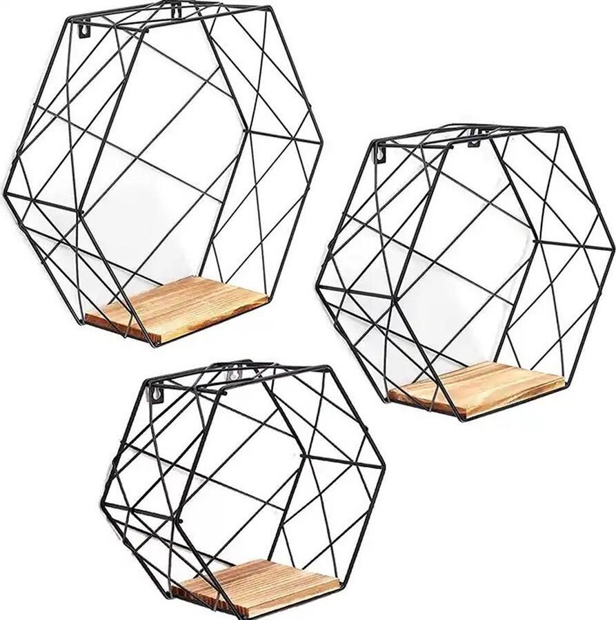 Caryota Wandrek Set van 3 Zeshoekig Metaal Gekruist Groot Middel en Klein Zwart Metaal Wanddecoratie