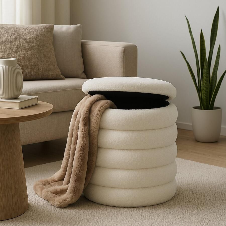 CASA DI ELTURO Bank Poef Teddy met opbergruimte – Goudkleurige bies – Beige Wit – L80 x B40 x H42 cm