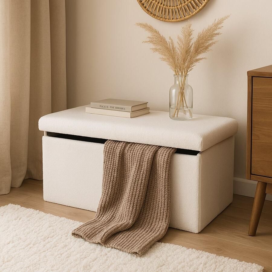 CASA DI ELTURO Opvouwbare Bankje Poef Teddy Bouclé – Beige Wit met Opbergruimte – B 80 cm