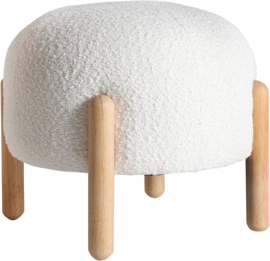 CASA DI ELTURO Teddy Poef Kruk met Houten onderstel – Beige Wit – Ø45 cm x H36 cm
