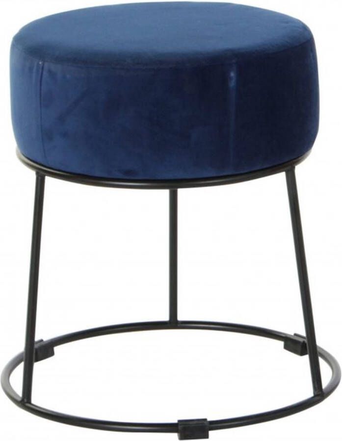 CASA DI ELTURO Velvet Poef Kruk Urban Blauw met Zwarte Onderstel – Ø36 x H37 cm