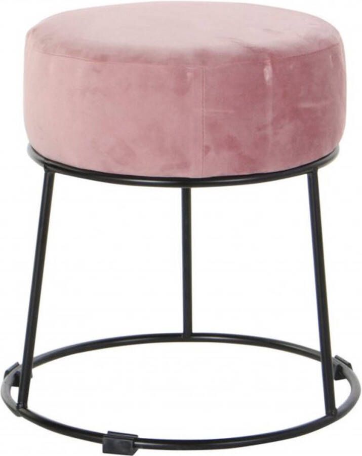 CASA DI ELTURO Velvet Poef Kruk Urban Roze met Zwarte Onderstel – Ø36 x H37 cm