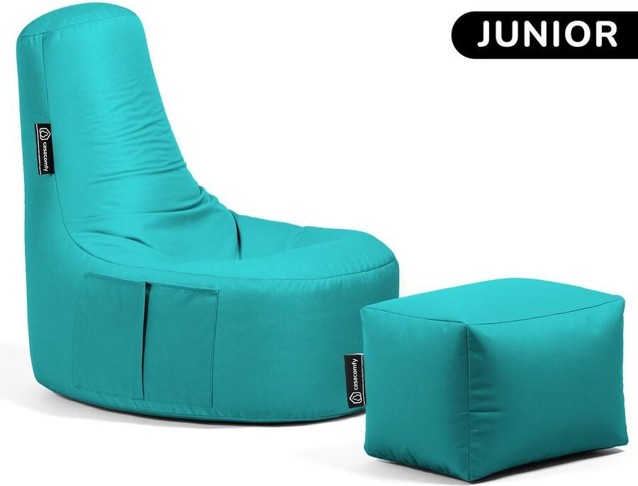 Casacomfy Gamer Junior Zitzak Stoel Binnenshuis Buitenshuis Waterbestendig Zitzak met Ontwerp+voetbankje Turquoise Volwassenen & Kinderen