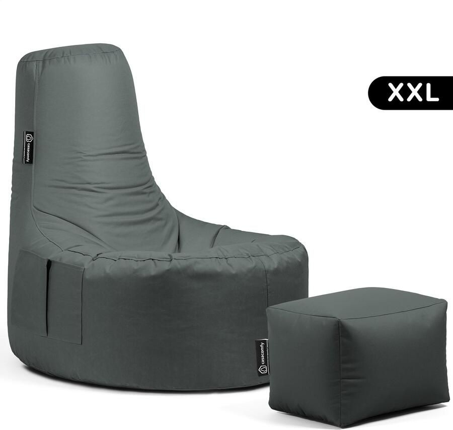 Casacomfy Gamer XXL Zitzak Stoel Binnenshuis Buitenshuis Waterbestendig Zitzak met Ontwerp+voetbankje Antraciet Volwassenen & Kinderen