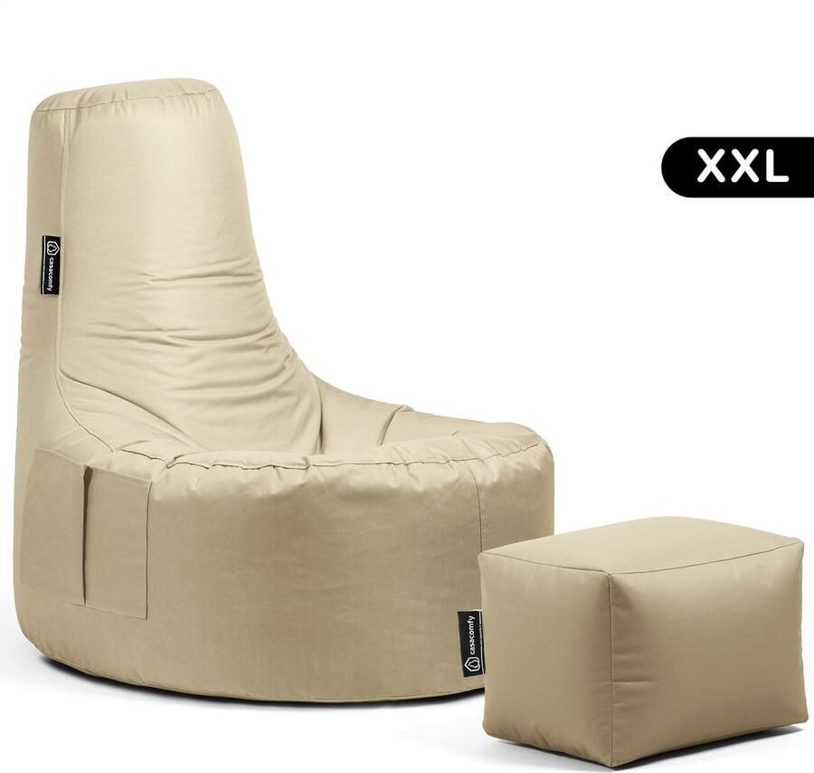 Casacomfy Gamer XXL Zitzak Stoel Binnenshuis Buitenshuis Waterbestendig Zitzak met Ontwerp+voetbankje Beige Volwassenen & Kinderen