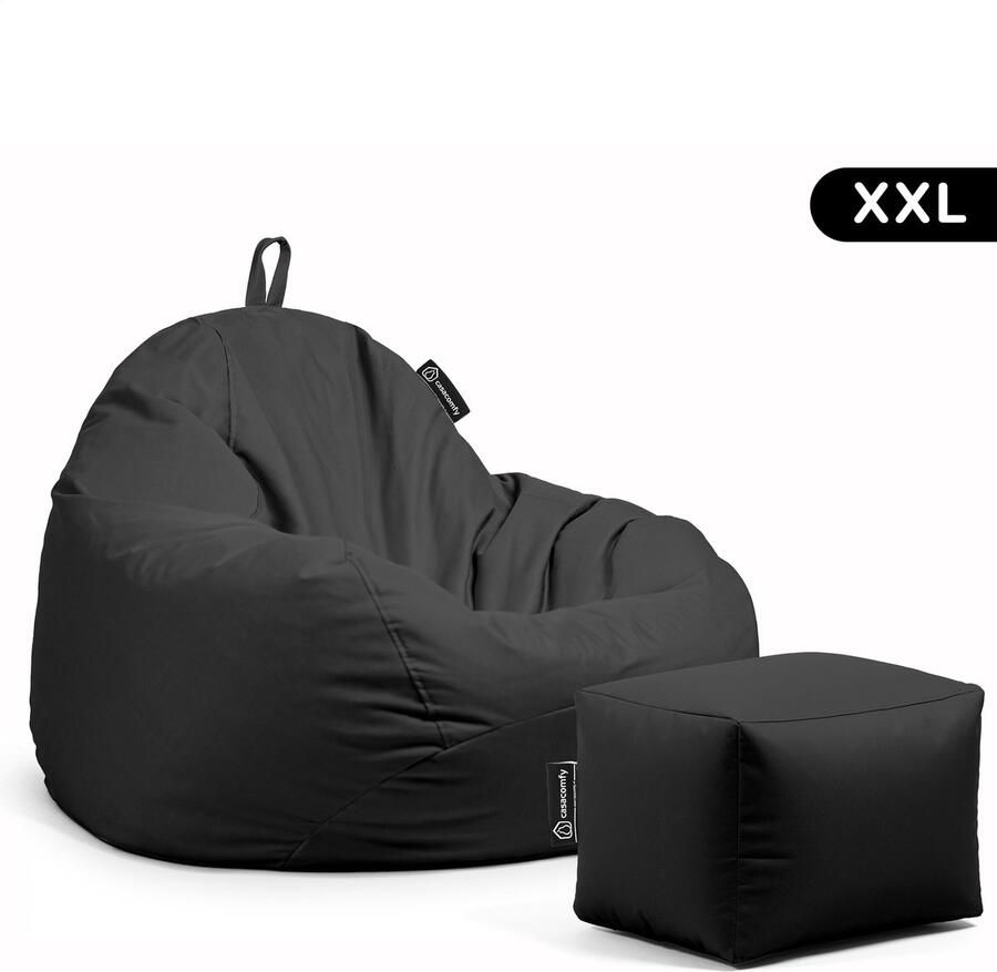 Casacomfy Zitzak Pear XXL Zitzak Stoel Binnenshuis Buitenshuis Waterbestendig Zitzak met Ontwerp+voetbankje Zwart Volwassenen & Kinderen