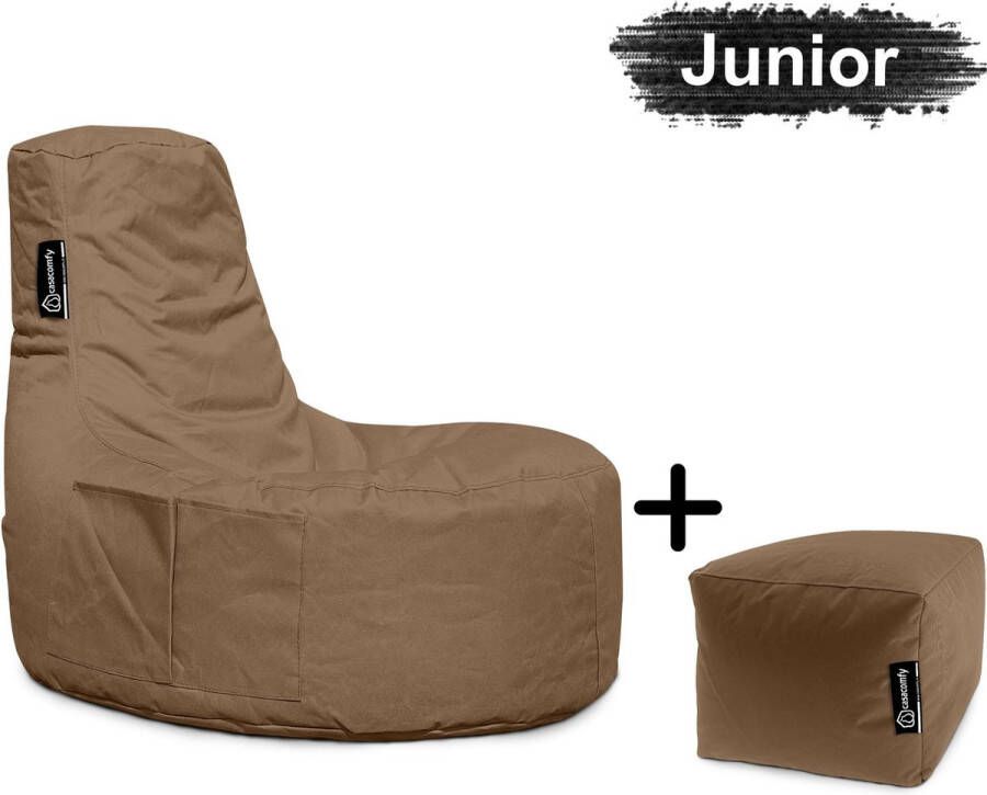 Casacomfy Gamer Junior Zitzak Stoel Binnenshuis Buitenshuis Waterbestendig Zitzak met Ontwerp+voetbankje Mokka Bruin Volwassenen & Kinderen
