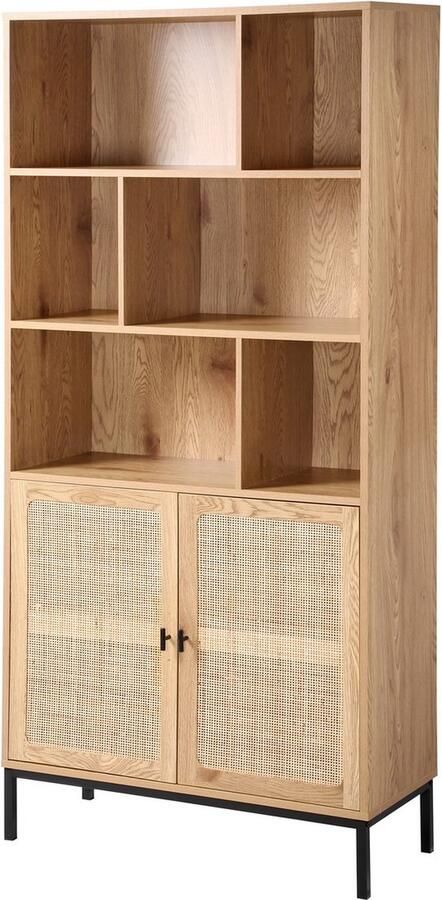 Casame CALICOSY Boekenkast 6 Vakken en 2 Deuren Natuurlijk Rotan L80 x H175 cm JAYA