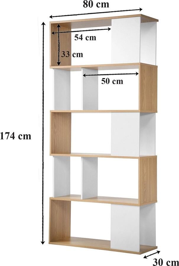 Casame CALICOSY Boekenkast met 5 verdiepingen in wit en eiken decor 80x30x174cm - Foto 2