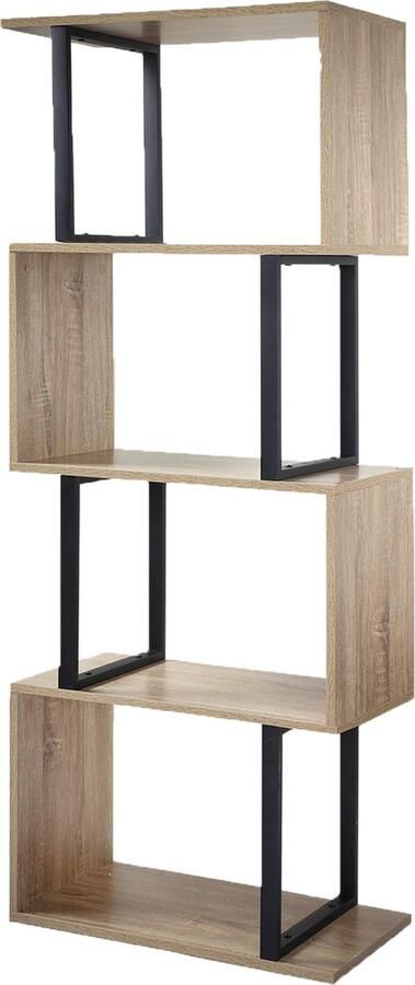 Casame CALICOSY Boekenkast met 4 Niveaus en Houten Decor en Metalen Staanders H148cm