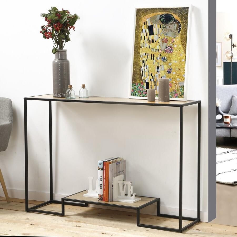 CaliCosy Moderne console met 2 spaanplaat planken en stalen structuur 120x30x80cm - Foto 2