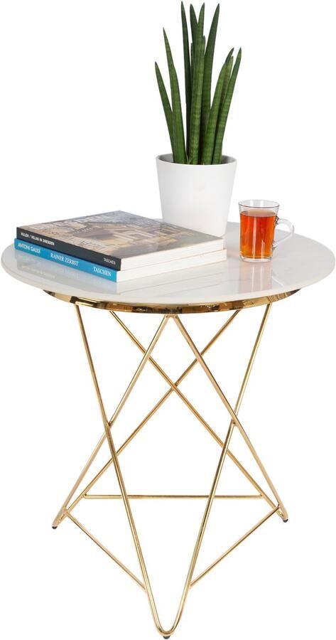 Casamoda Bijzettafel Salontafel Gouden Frame Marmer Stenen Tafelblad Rond Zijtafel L60 x B60 x H61 cm Wit
