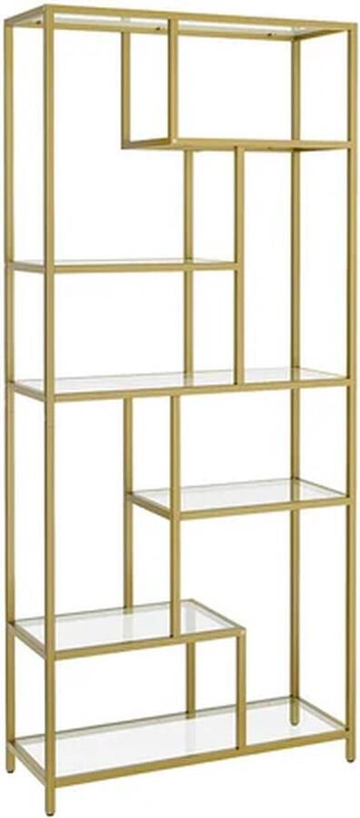 Casamoda Industriele Wandkast – L30 x B80 x H180 cm Stalen Frame – Staande Boekenkast – 5 Planken Opbergkast – Kantelbeveiliging – Draagvermogen 40 kg Glas en Staal – Goud