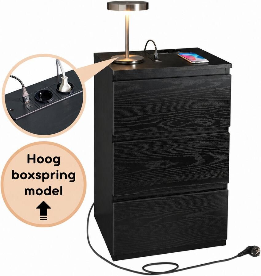 Casamoda Extra Hoog Nachtkastje voor Boxspring H70 x B40 x D35 cm 3 Lades Stopcontact met 1x USB-C en 1x USB-A Draagkracht 45 kg Moderne Bijzettafel Zwart - Foto 2