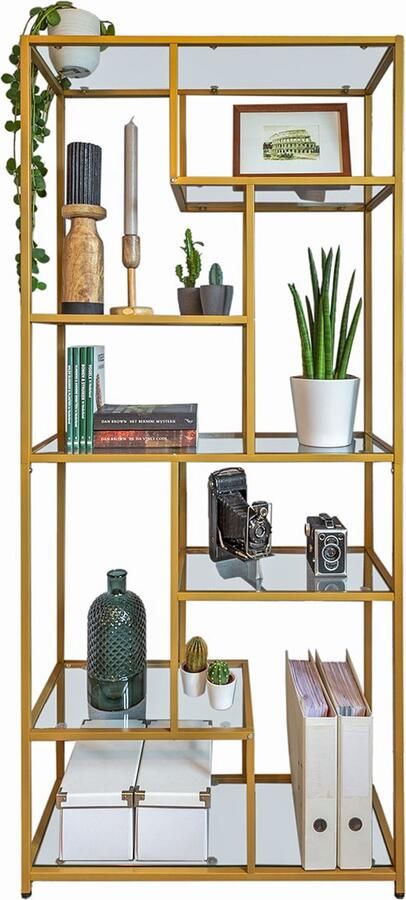 Casamoda Industriele Wandkast – L30 x B80 x H180 cm Stalen Frame – Staande Boekenkast – 5 Planken Opbergkast – Kantelbeveiliging – Draagvermogen 40 kg Glas en Staal – Goud - Foto 2