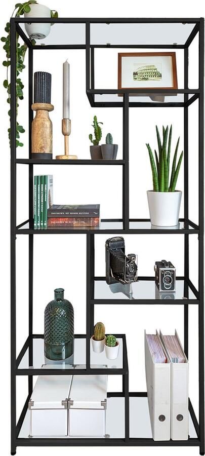Casamoda Industriele Wandkast – L30 x B80 x H180 cm – Stalen Frame – Staande Boekenkast – 5 Planken Opbergkast – Kantelbeveiliging – Draagvermogen 40 kg Glas en Staal – Zwart - Foto 2
