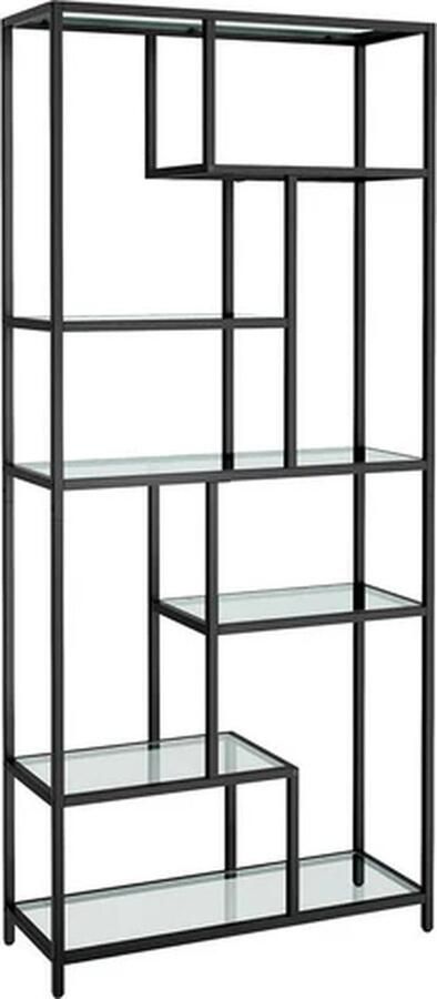Casamoda Industriele Wandkast – L30 x B80 x H180 cm – Stalen Frame – Staande Boekenkast – 5 Planken Opbergkast – Kantelbeveiliging – Draagvermogen 40 kg Glas en Staal – Zwart